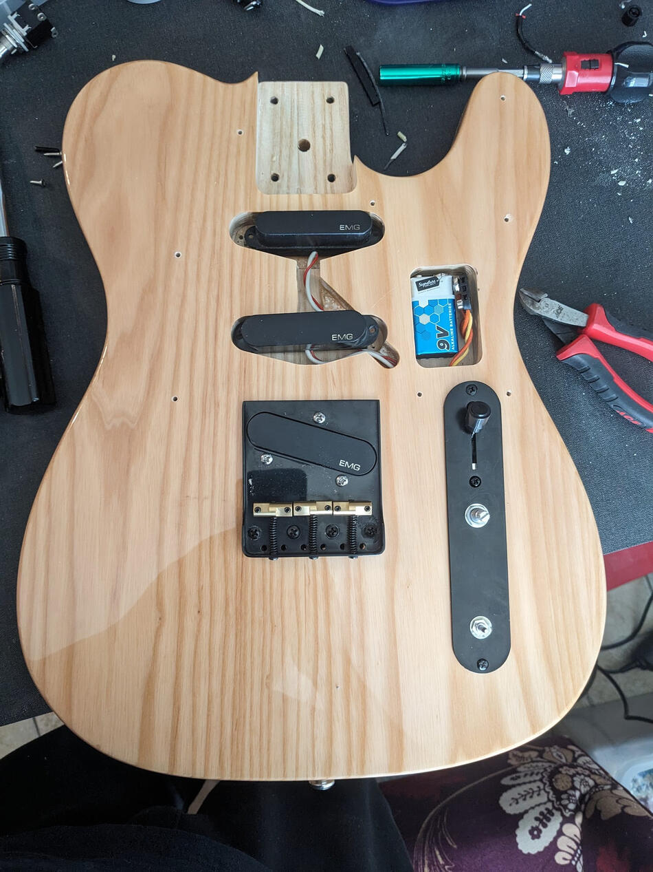 Parts Caster Tele for "Eric and The Bus Drivers." Testing the new battery cavity and pickups.